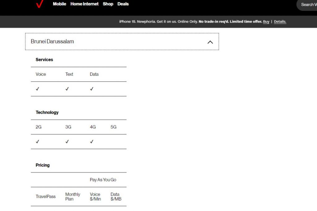 Verizon Roaming Charges Checker in Brunei